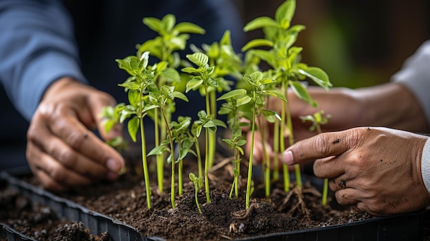 un hombre plantando una planta