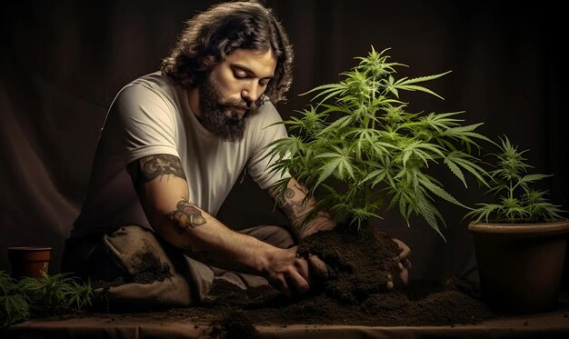 hombre plantando plantas de cannabis