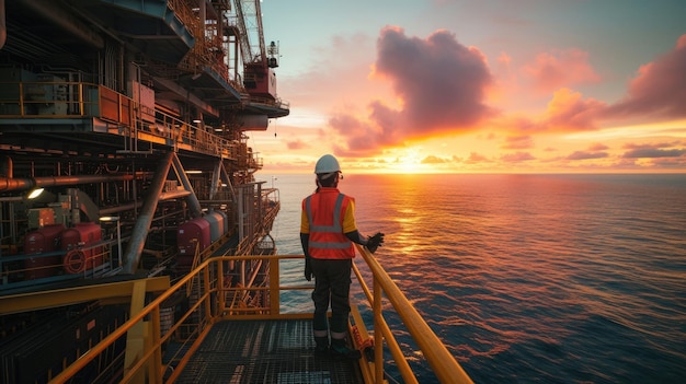 Un hombre en una plataforma petrolera admira la puesta de sol sobre el agua y el cielo