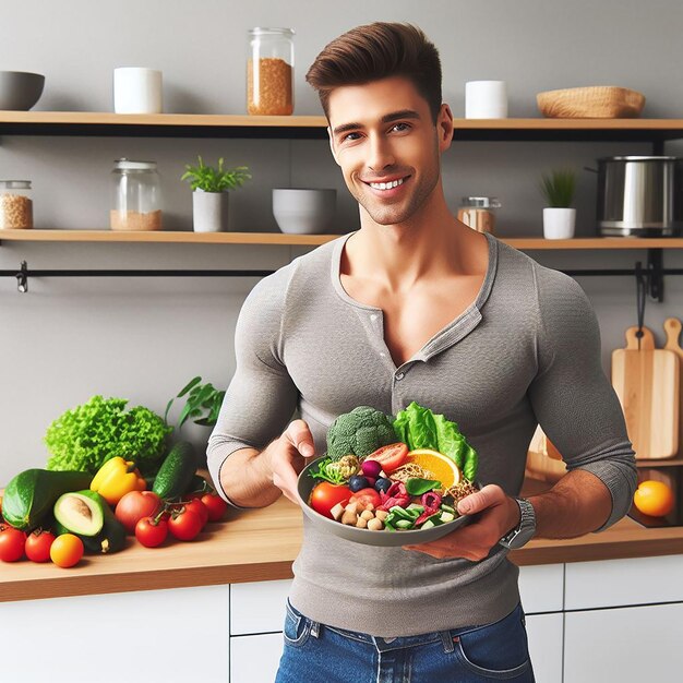 Foto hombre con un plato de comida saludable y saludable dieta de alimentación saludable productos orgánicos estilo de vida saludable