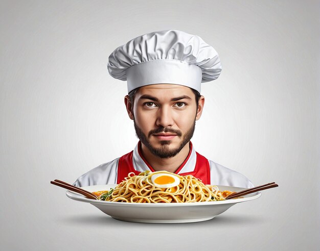 un hombre con un plato de fideos y un tenedor