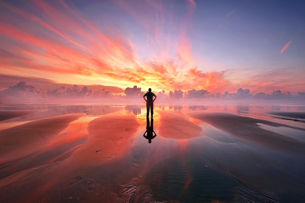 Foto hombre en la playa al atardecer