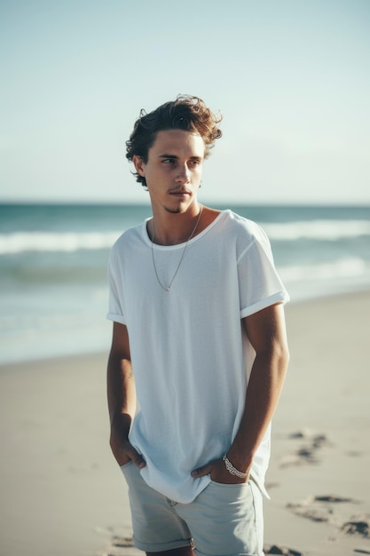 Un hombre se para en la playa con una camiseta blanca y jeans.