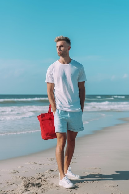 Un hombre se para en la playa con una camiseta blanca y pantalones cortos azules.