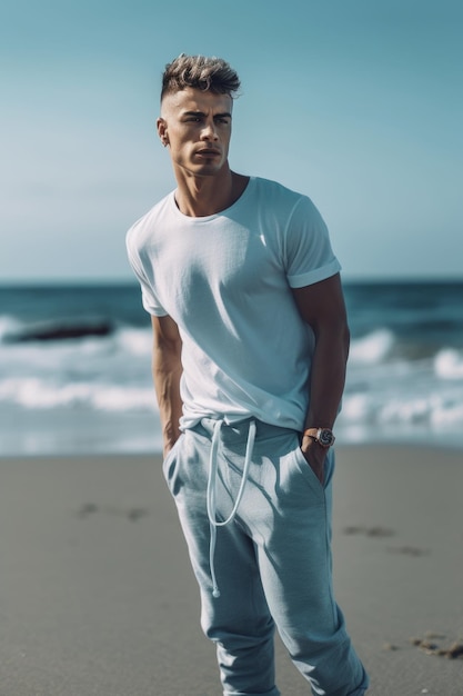 Un hombre se para en la playa con una camiseta blanca y pantalones grises.