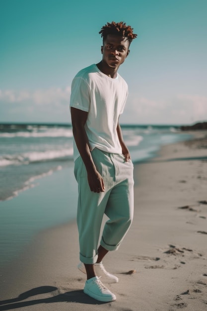 Un hombre se para en una playa con una camiseta blanca y pantalones.