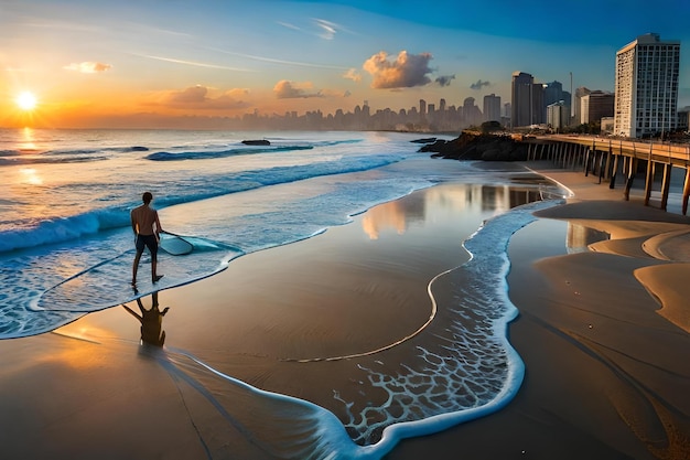 Un hombre se para en la playa frente al horizonte de la ciudad.