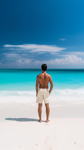 Un hombre se para en una playa frente a un océano azul.