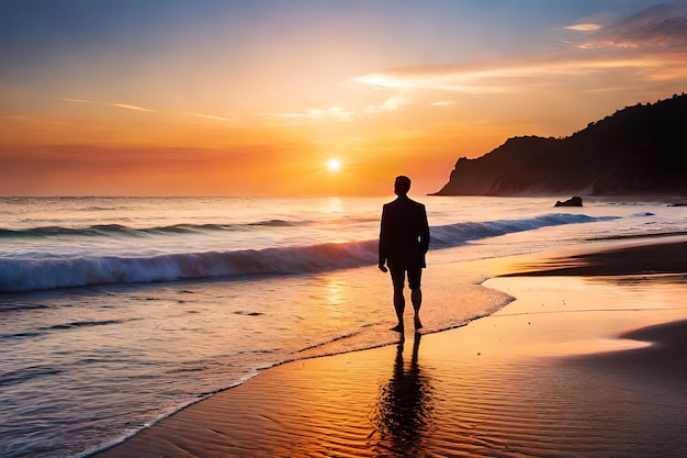 Un hombre se para en una playa frente a una puesta de sol.