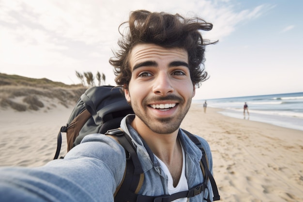 Un hombre en una playa con una mochila.