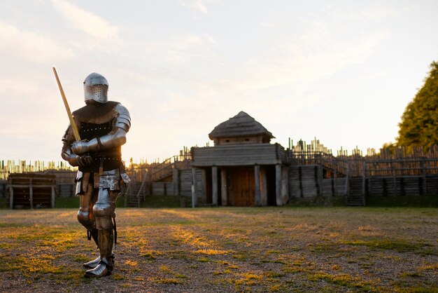 Hombre en plena toma posando como un soldado medieval