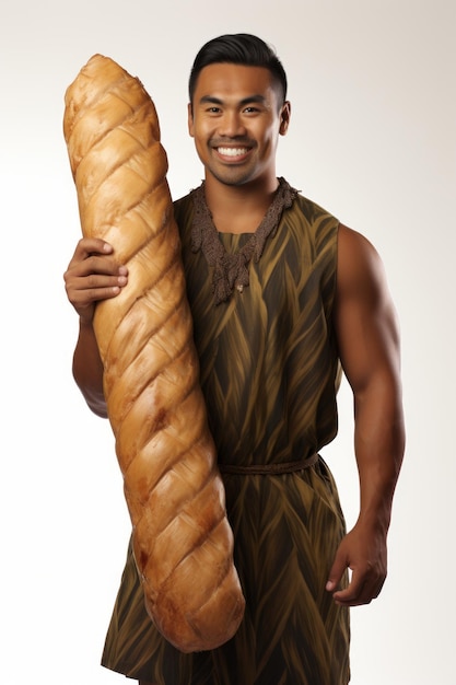 Foto hombre polinesio con una baguette gigante