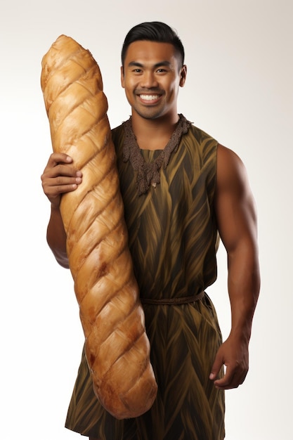 Hombre polinesio con una baguette gigante