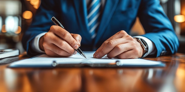 hombre político en traje y corbata firma un acuerdo de contrato de documento con una pluma en la mano en una mesa en un primer plano de la oficina
