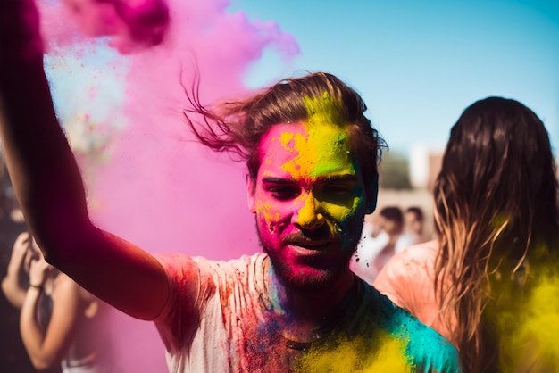 Un hombre con un polvo holi en la cara.