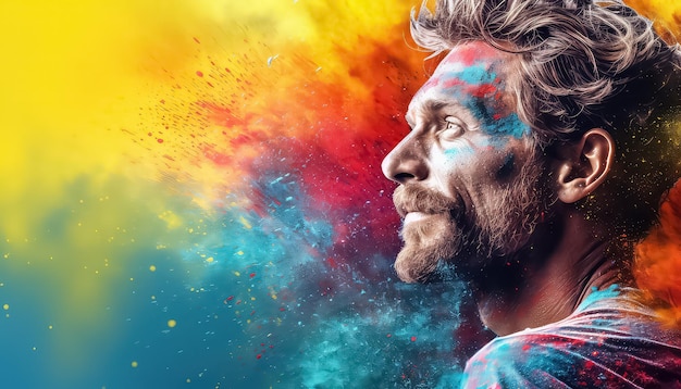 Hombre en polvo y humo pinta el concepto indio de Happy Holi