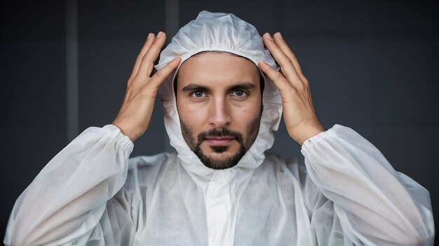 Un hombre se pone un traje de protección de cerca.