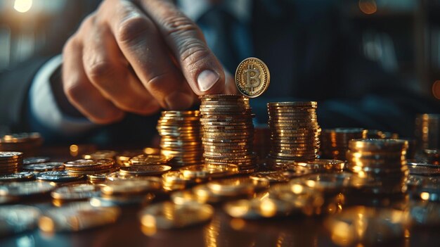 Foto un hombre está poniendo una moneda en su mano y está rodeado de monedas de oro