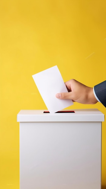 Hombre poniendo su voto en las urnas sobre fondo de color naranja y amarillo primer plano