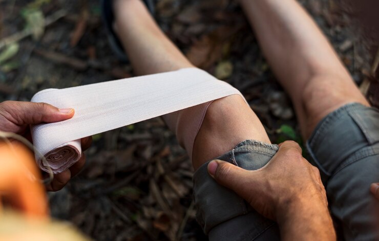 Foto hombre poniendo vendas en la rodilla de su compañero en la jungla.