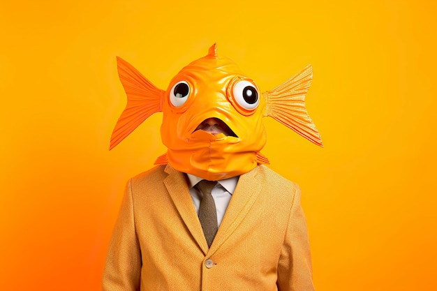 Hombre posa en un traje y una cabeza de pez graciosa en su cabeza aislado estudio naranja