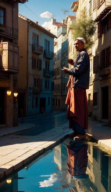 Hombre posando en un asentamiento tradicional