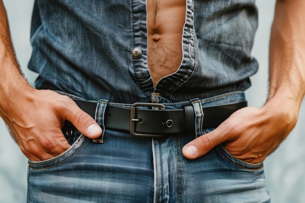 Hombre posando con las manos en los bolsillos de los vaqueros mostrando ropa casual