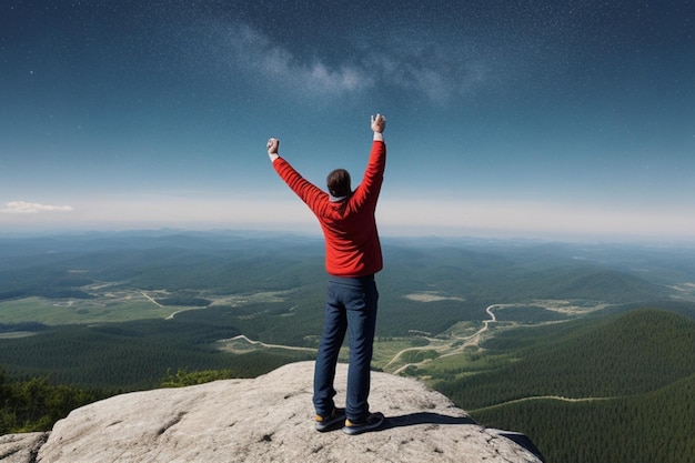 Hombre positivo celebrando en la cima de la montaña con los brazos levantados Ilustración de IA generativa