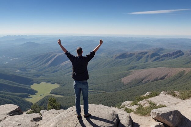 Hombre positivo celebrando en la cima de la montaña con los brazos levantados Ilustración de IA generativa