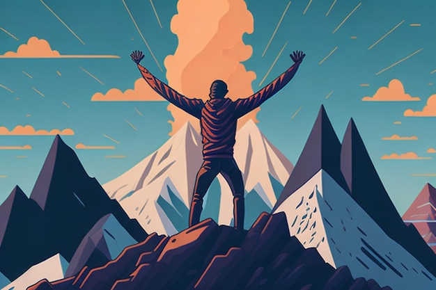 Hombre positivo celebrando en la cima de la montaña con los brazos levantados Ilustración de IA generativa