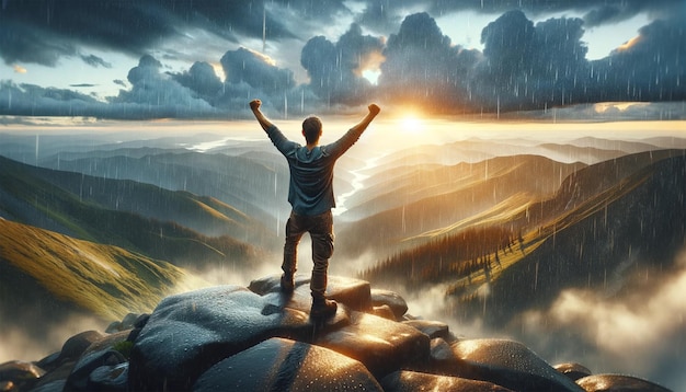 hombre positivo celebrando en la cima de una montaña