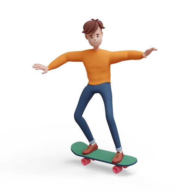 Hombre positivo joven 3D montando una patineta Retrato de un tipo de dibujos animados divertido en ropa casual Ilustración 3D de carácter estilizado minimalista sobre fondo blanco