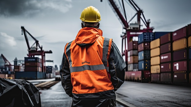 un hombre con ppe completo de pie mirando una caja de contenedor de carga portuaria en un puerto de mercancías