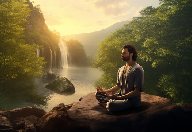 Un hombre practicando la atención plena y la meditación en un entorno natural pacífico