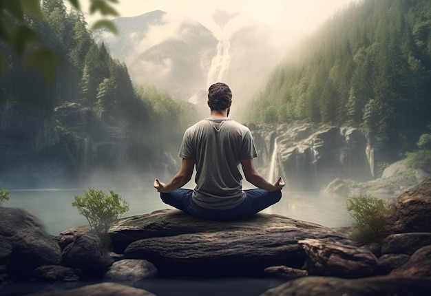 Un hombre practicando la atención plena y la meditación en un entorno natural pacífico