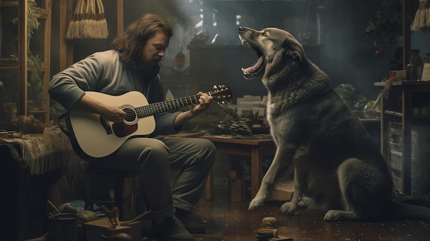 Foto un hombre practicando la guitarra con su perro aullando en el fondo