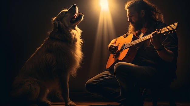 Un hombre practicando la guitarra con su perro aullando en el fondo