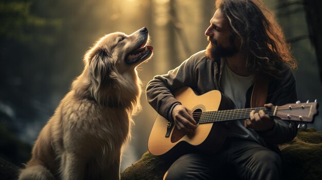 Foto un hombre practicando la guitarra con su perro aullando papel tapiz