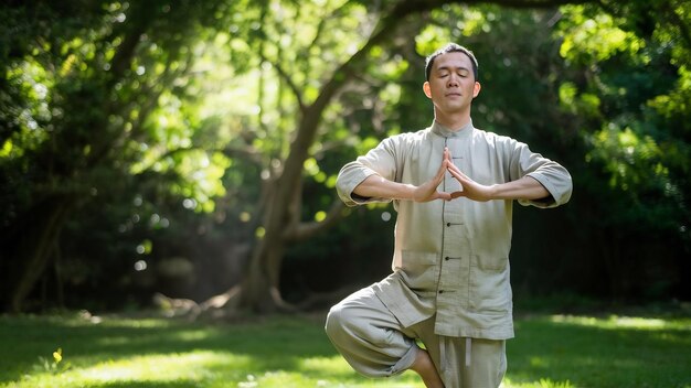 Foto el hombre está practicando qigong.