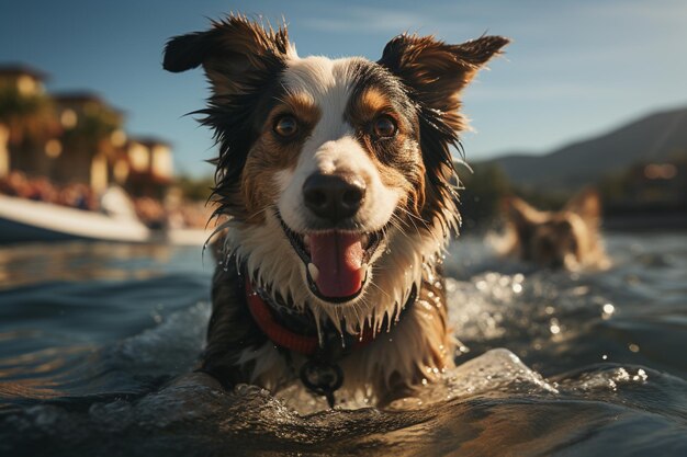 Un hombre practicando surf con su perro.