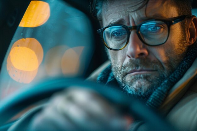 Hombre preocupado con gafas conduciendo por la noche