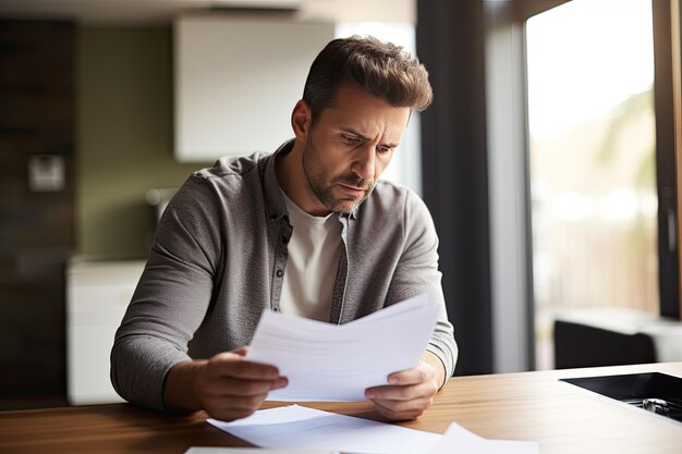 Hombre preocupado leyendo documentos