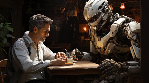 Foto hombre preocupado y robot compartiendo una mesa en un café bebiendo y hablando