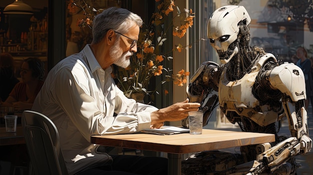 Foto hombre preocupado y robot compartiendo una mesa en un café bebiendo y hablando