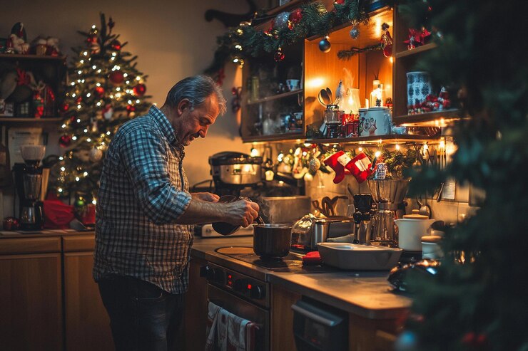 Hombre prepara una comida festiva en una cocina acogedora decorada para la celebración de Navidad IA generativa
