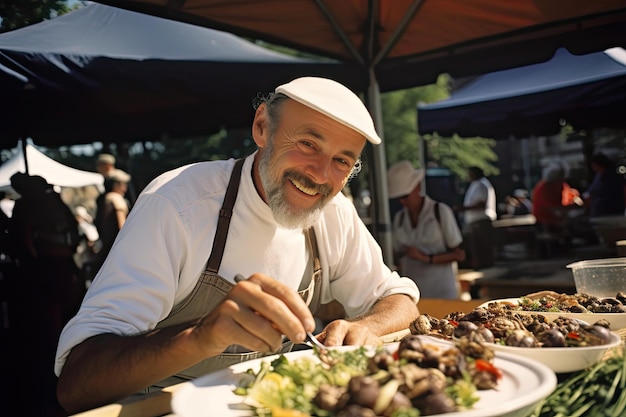 un hombre prepara comida en un puesto de comida.