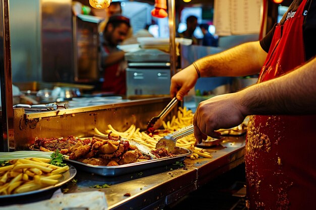 Foto un hombre preparando comida en la cocina de un restaurante