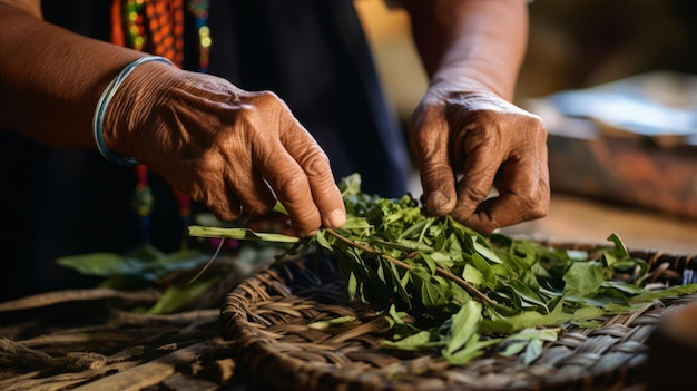 hombre preparando especias y hierbas medicinales