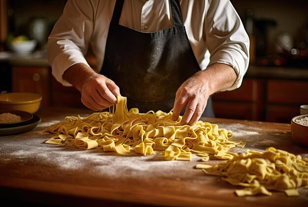 Foto un hombre está preparando fideos de pasta en una encimera de madera en el estilo de amarillo oscuro y oro claro