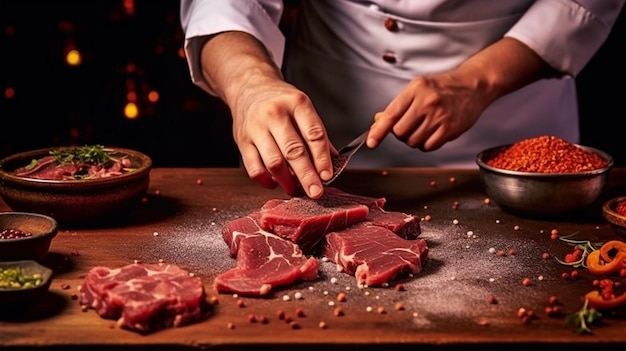 Hombre preparando trozos de carne cruda frotando diferentes especias y hierbas Filete de ternera con especias